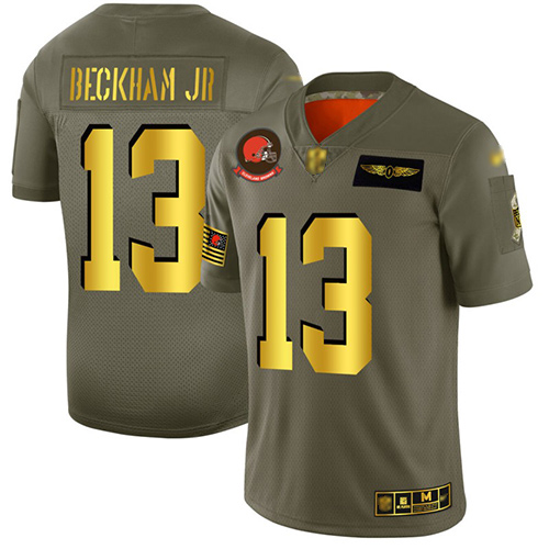 Cleveland Browns Odell Beckham Jr Men Olive Gold Limited Jersey #13 NFL Football 2019 Salute To Service->cleveland browns->NFL Jersey